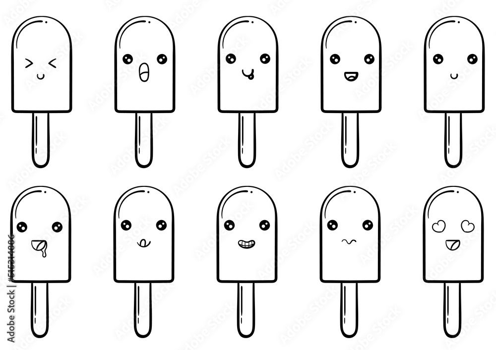 hand drawn collection of kawai ice cream with facial characters, on a white background hand drawn collection of kawai ice cream with facial characters, on a white background