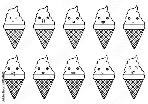 hand drawn collection of kawai ice cream with facial characters, on a white background