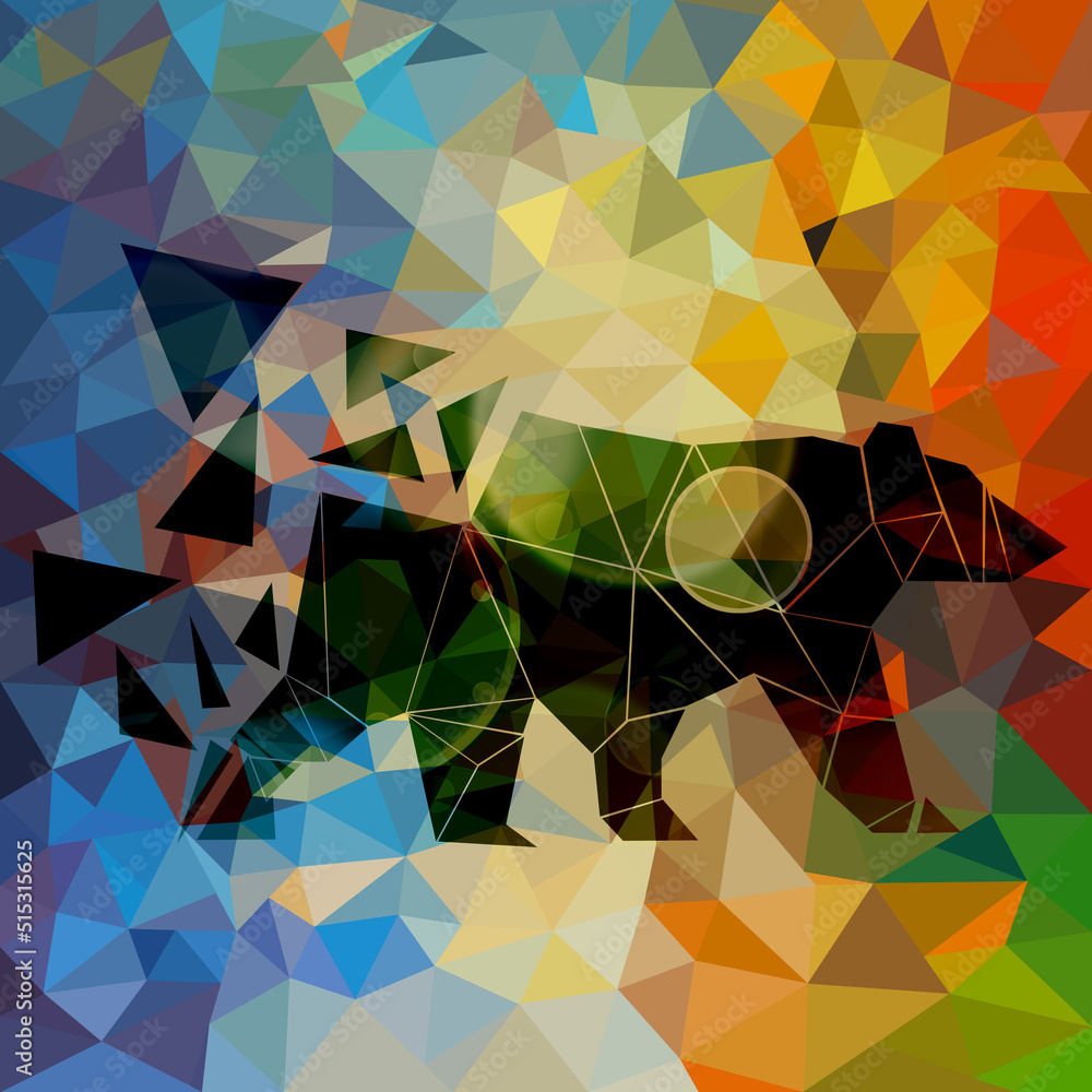 Graphics, illustration. Colorful, rainbow bear. Button, web, triangles, poster, image.