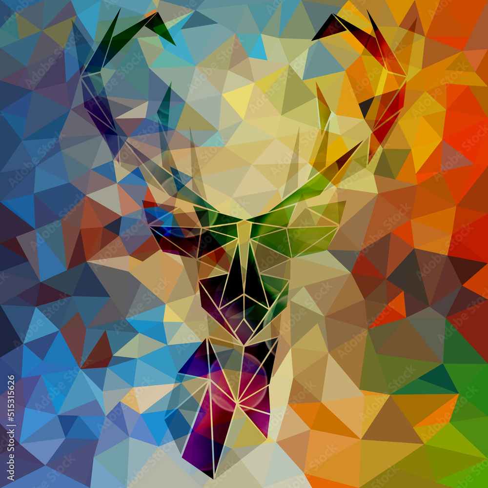 Graphics, illustration. Colorful rainbow deer. Button, web, triangles, poster, image.