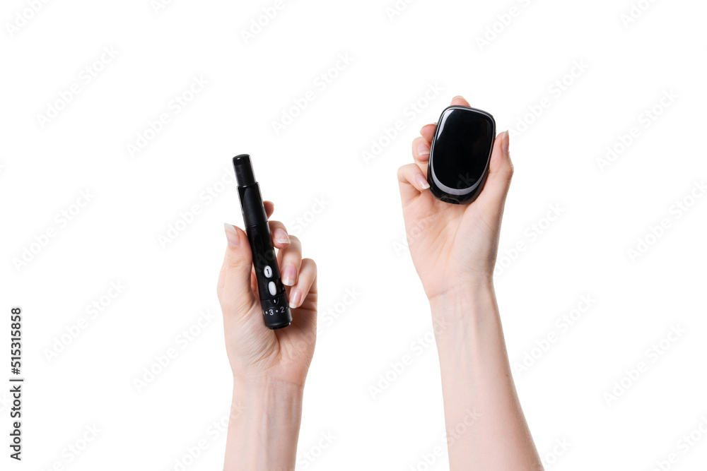 Close up picture of hands with glucose metter and lancete pen. Close up picture of hands with glucose metter and lancete pen.