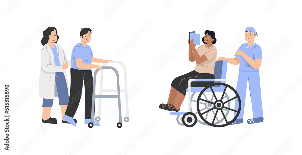 Two doctors help people, one on a wheelchair and the other on stilts Two doctors help people, one on a wheelchair and the other on stilts