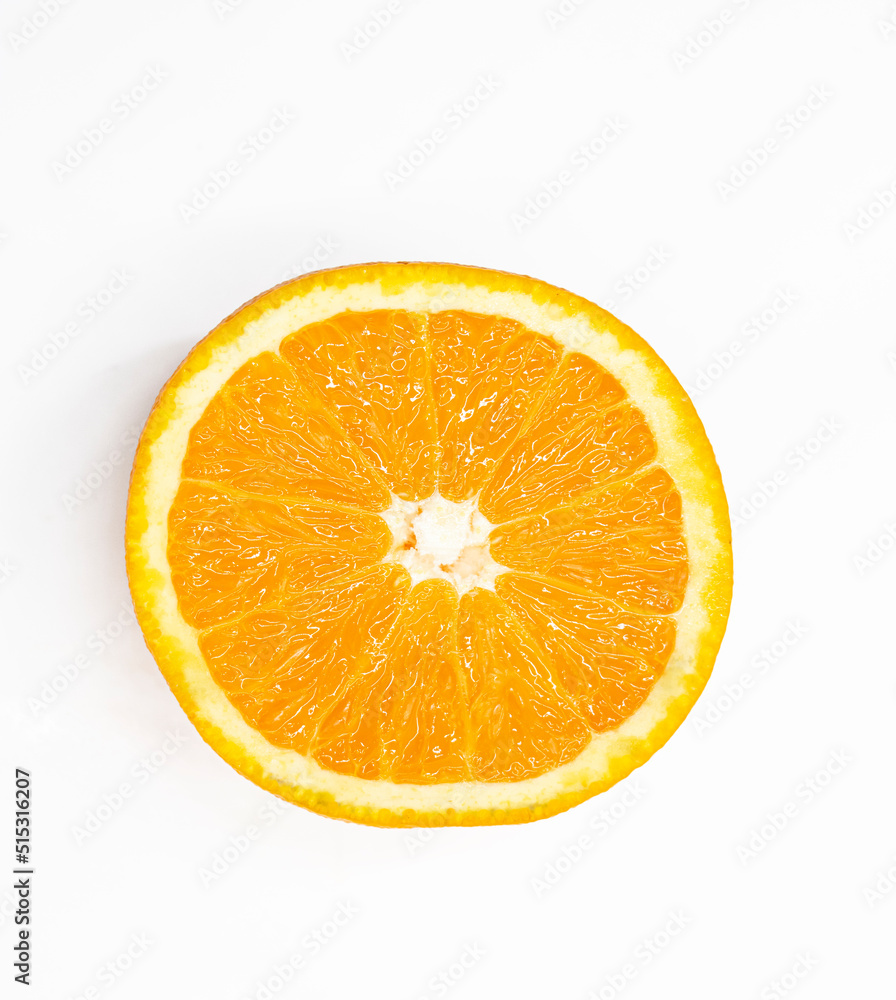 single orange fruit slices over on white background.top view single orange fruit slices over on white background.top view