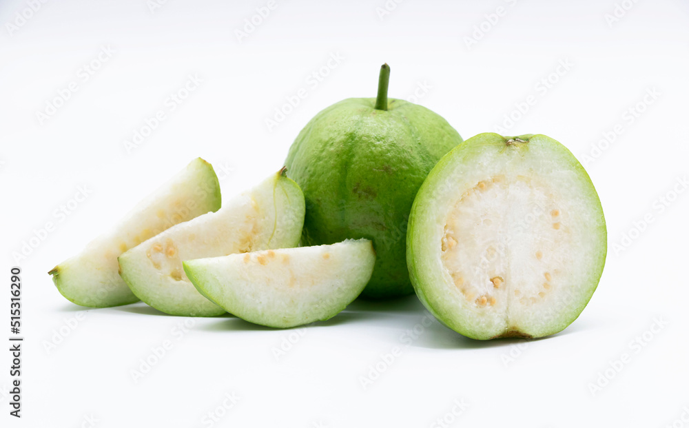 Whole and slices Guava isolated on the white background, Whole and slices Guava isolated on the white background,