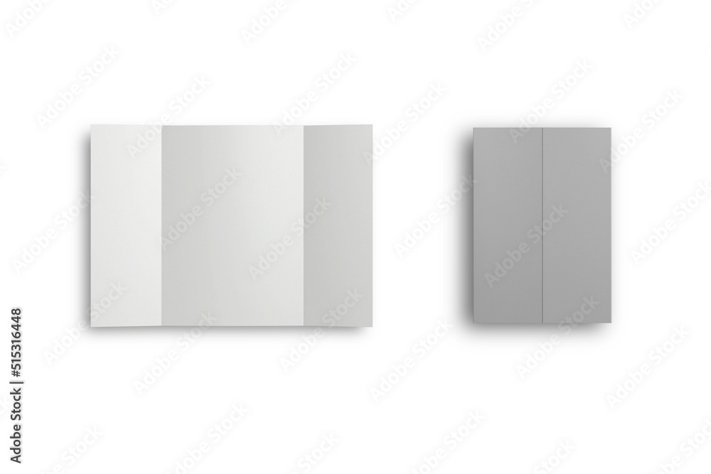 Obraz premium Blank open gate folding brochure mockup, 3 panels and six page flyer. pure white 3D rendering.