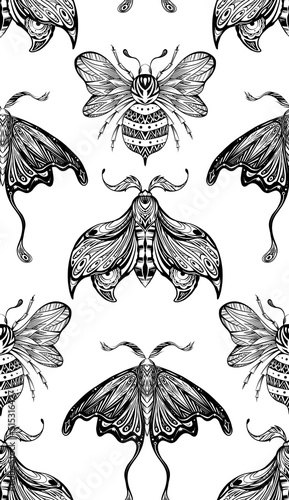 Vector seamless pattern with ink drawing bee and moth with boho decoration. Entomology fabric swatch on white background. Monochrome texture