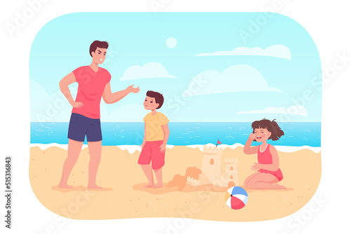 Father scolding son for breaking sand castle of crying girl. Angry parent or dad reproaching naughty boy flat vector illustration. Family, discipline, conflict concept for banner or landing web page