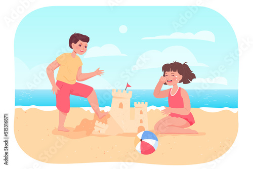 Naughty cartoon boy breaking sand castle of crying girl on beach. Negative emotions, kid destroying sand tower of sister flat vector illustration. Summer, conflict, childhood, bad behavior concept