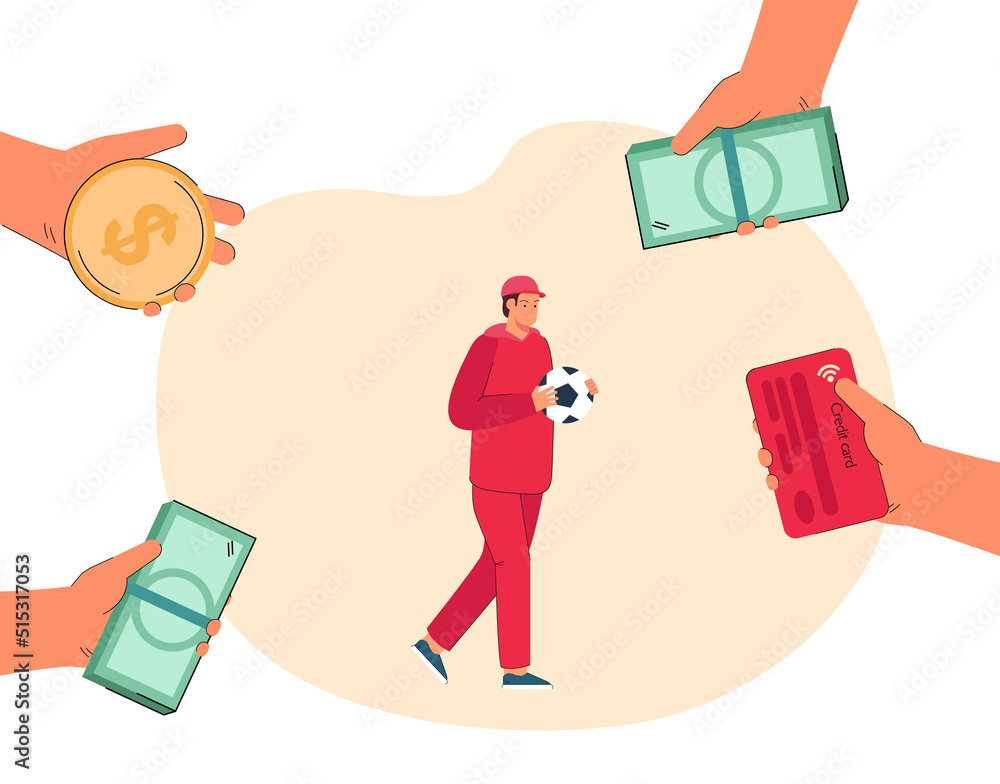 Fototapeta premium Hands of people offering money to sportsman. Man with football ball, hands holding banknotes and coins flat vector illustration. Sports, success, finances concept for banner or landing web page