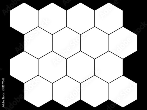 Fototapeta Naklejka Na Ścianę i Meble -  White hexagon, honeycomb, design elements, shapes, pattern with no strokes. Use for photo collection, collage, template, frame, overlay, montage. Black background. Vector illustration.