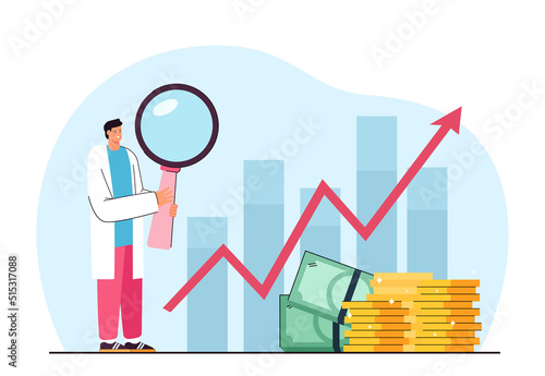 Doctor standing next to statistics with upward arrow. Growing bar graph, stacks of coins and banknotes flat vector illustration. Finances, medicine, investment, healthcare concept for banner