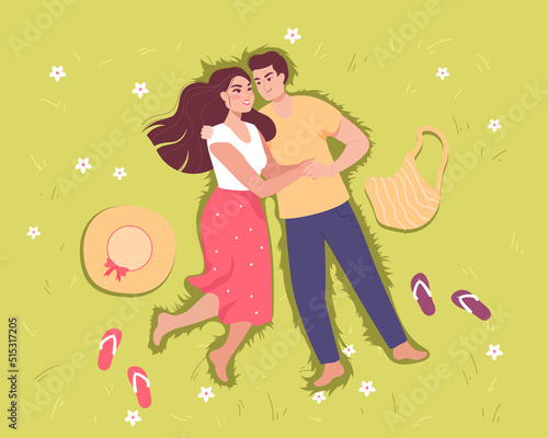 Boyfriend and girlfriend lying on grass and holding hands. Top view of beautiful couple having picnic flat vector illustration. Love, romance, summer, family concept for banner or landing web page