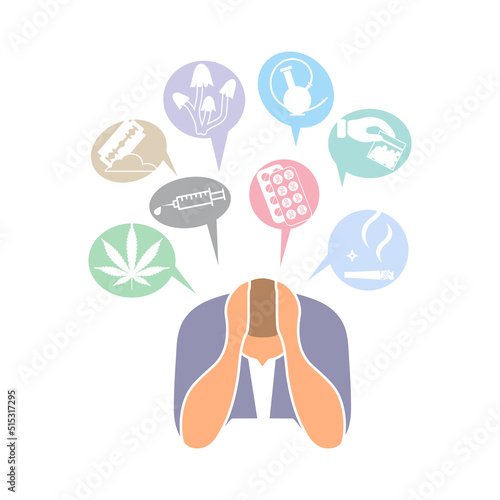 A person with a drug addict problem. Drug addiction to marijuana, cocaine, spices, heroin, synthetic drugs.
