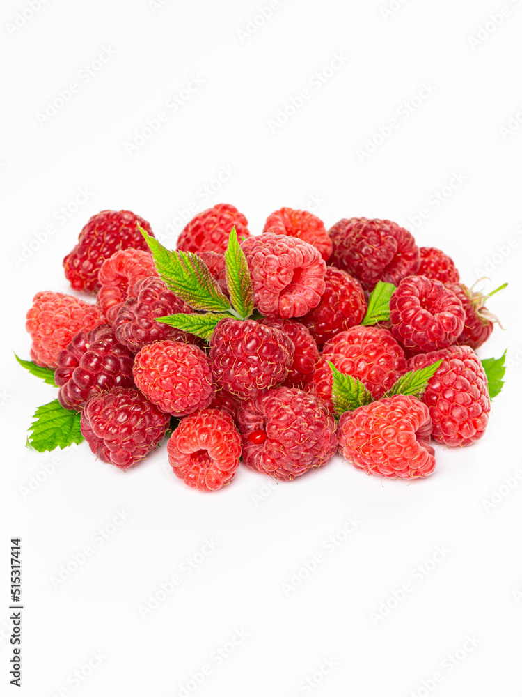 Ripe raspberries with leaf isolated on a white background Ripe raspberries with leaf isolated on a white background