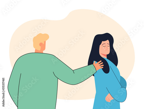 Husband comforting or apologizing to crying wife. Man touching shoulder of woman flat vector illustration. Relationship, sympathy, conflict, communication concept for banner or landing page