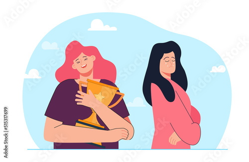 Happy winner hugging trophy and rival crying. Woman jealous and sad of girl winning competition or contest flat vector illustration. Victory, disappointment, envy, emotions concept for banner