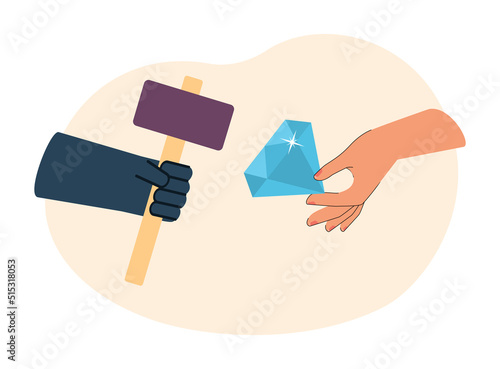 Hand in glove holding hammer and hand holding diamond. Miner and jeweler holding equipment and gemstone flat vector illustration. Jewelry, mining, luxury concept for banner or landing web page