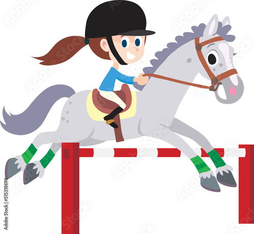 Photography girl on a horse jumps over a bar