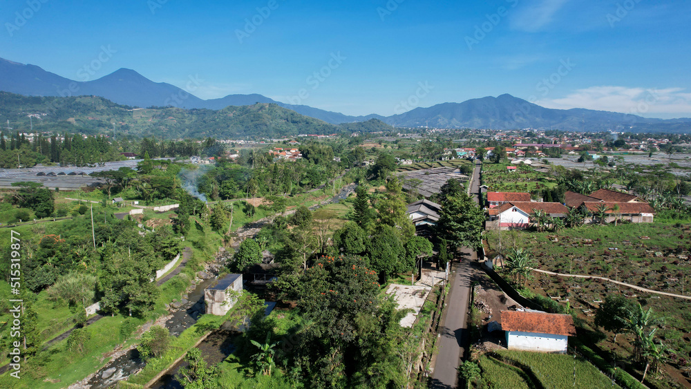 Aerial view of The Taman Bunga Nusantara or Flower Garden Nusantara, a travel destination located in Cianjur. Cianjur, Indonesia, July 6, 2022