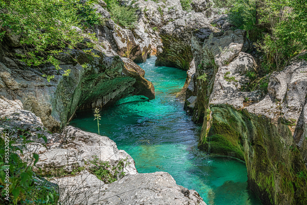 Velika korita Soče in the The Great Soča Gorge, Beautiful gorge with emerald coloured water flowing between the uniquely formed rocks, Triglav National Park, Julian Alps, Slovenia, Europe