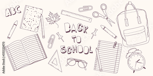 Big set of school supplies. Back to school autumn concept. Pupil's supplies. Vector illustration line art style on a light background. All objects are isolated
