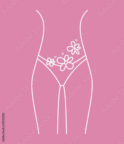 female body with thin line flowers. menstruation, women's health. feminine hygiene, body care - vector flat style illustration. woman panties, underwear