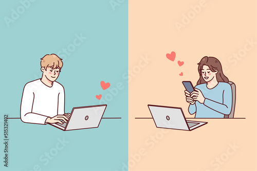 Couple texting online on gadget having relationship on distance. Man and woman message communicate on devices. Love and online dating concept. Vector illustration.