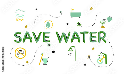 concept of water saving tips icon infographic. Save water, save earth and go green, environment protection campaign concept. on the blue background.	
