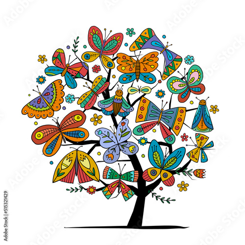 Ornate colorful butterflies. Art tree for your design