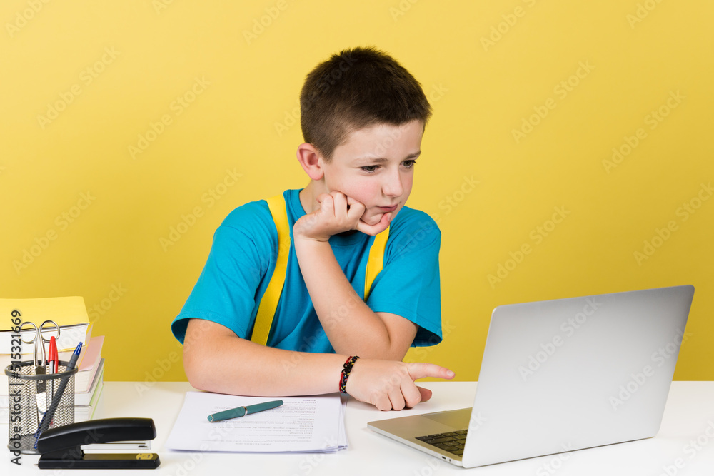 Cute schoolboy concentrated on laptop isolated on yellow background. Boy doing homework Cute schoolboy concentrated on laptop isolated on yellow background. Boy doing homework