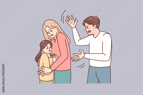 Mother protect child from aggressive father. Woman hide kid from authoritarian husband. Family conflict and domestic violence problem. Vector illustration.