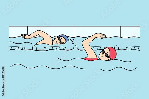 People swimming in indoors pool. Sportsmen in gear training for competition. Physical activity and sport concept. Vector illustration. 
