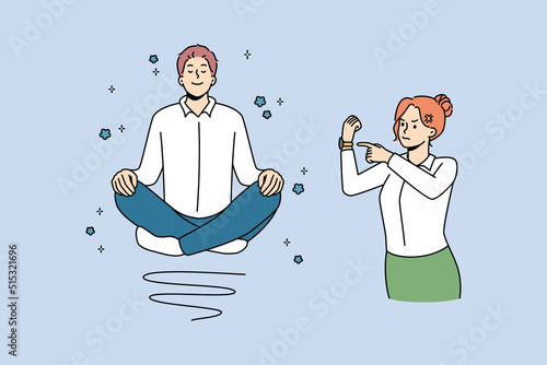 Calm man meditate at work, angry boss stressed about deadline. Relaxed and distressed employees at workplace. Time management. Vector illustration. 