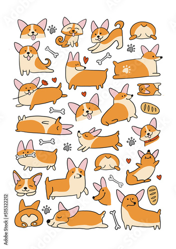 Corgi dogs set. Funny Puppies collection. Sketch for your design