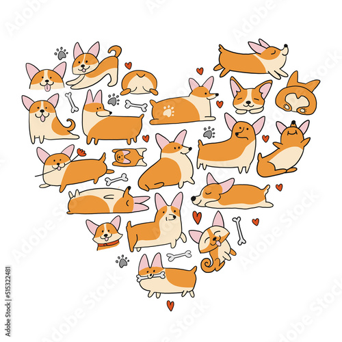 Corgi dogs. Funny Puppies collection. Heart concept for your design