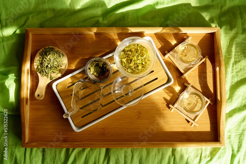 Tea for ceremony on a tray. Flat lay, top view. Tea concept