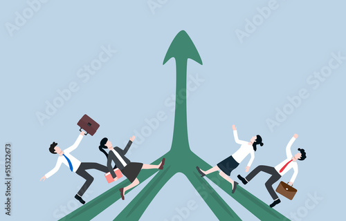 Joining same business path, team determination, aspiration or effort to reach mission concept. Businessman and businesswoman running to joint way. 