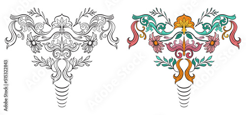 Organ of the uterus with flowers. Feminism concept. Beautiful female reproductive organ and flowers on white background.