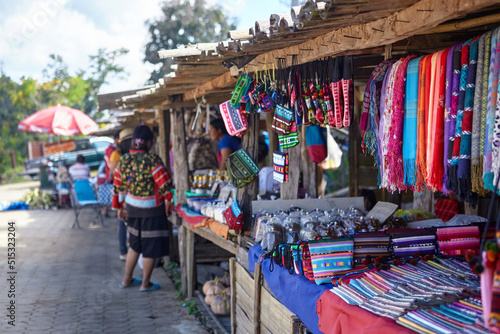The colorful traditional products in the tribe shop in northeastern Thailand