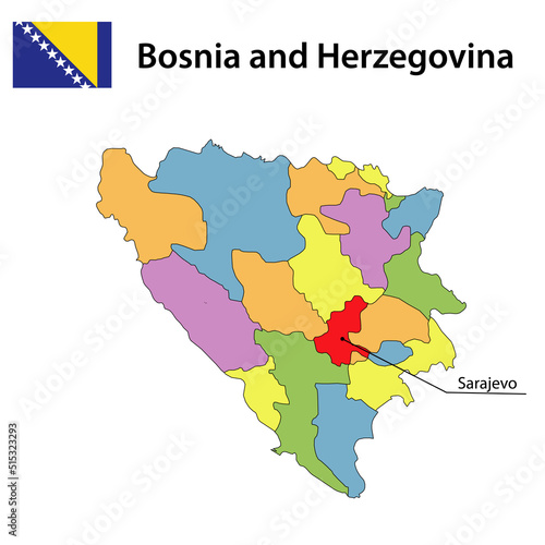 Map with borders and flag of Bosnia and Herzegovina.