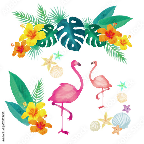 summer, tropical leaf, pink flamingos, yellow and orange hibiscus, shells and green decorations, watercolor white background.