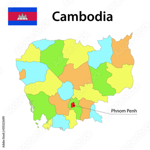 Map with borders and flag of Cambodia.