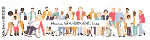 Happy Grandparents Day card. Multicultural group of families. Flat vector illustration.	