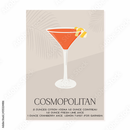 Cosmopolitan Cocktail in martini glass garnished with lemon twist. Summer aperitif recipe retro minimalist vertical print. Alcoholic beverage with tropical palm shadow. Vector flat style illustration.