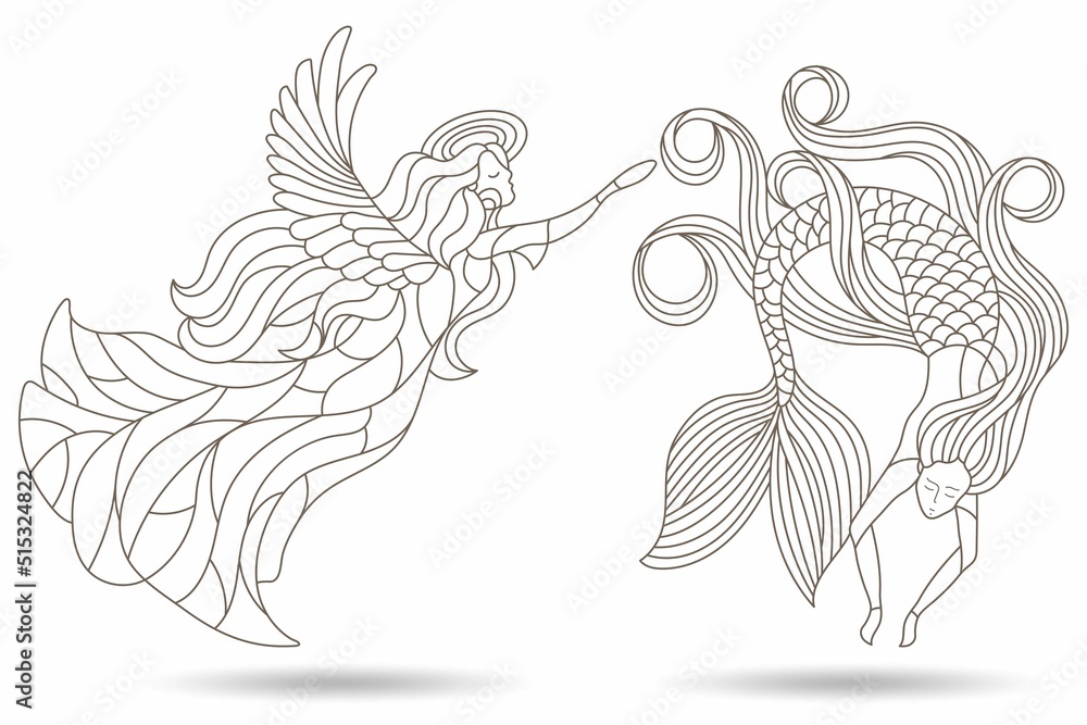 A set of contour illustrations in the style of stained glass with angel girls and mermaid, dark contours on a white background A set of contour illustrations in the style of stained glass with angel girls and mermaid, dark contours on a white background