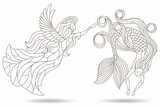 A set of contour illustrations in the style of stained glass with angel girls and mermaid, dark contours on a white background