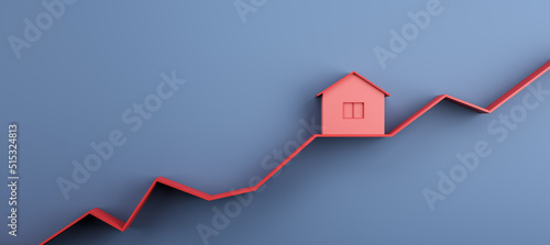 Rising property values concept with red house layout on rising red line graph on abstract blue background. 3D rendering photo