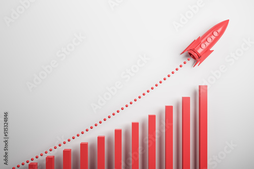 Startup and new project concept with red rocket flying up with dotted trajectory above rede growth graph on light background. 3D rendering photo