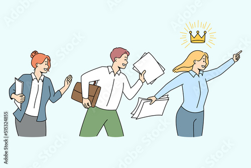 Employees following female leader reach shared business goals and success. People involved in teamwork strive for company accomplishment. Leadership. Vector illustration. 