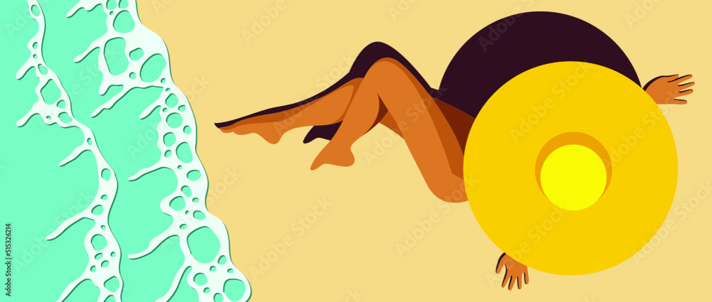 Vector Bright Sunny Illustration Of A Beautiful Tanned Girl In A Yellow